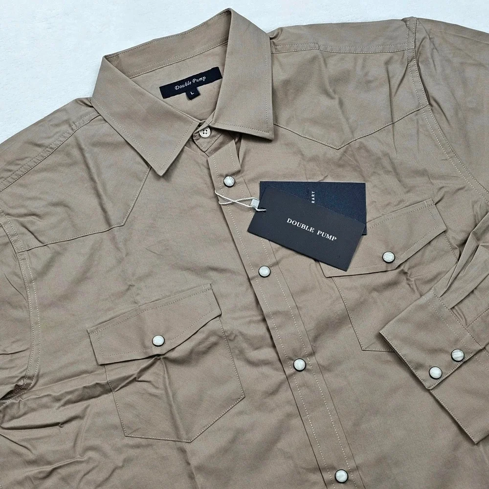 NEW Double Pump Western Shirt Mens L Khaki Pearl Snap Long Sleeve Cowboy Rodeo - Picture 1 of 10